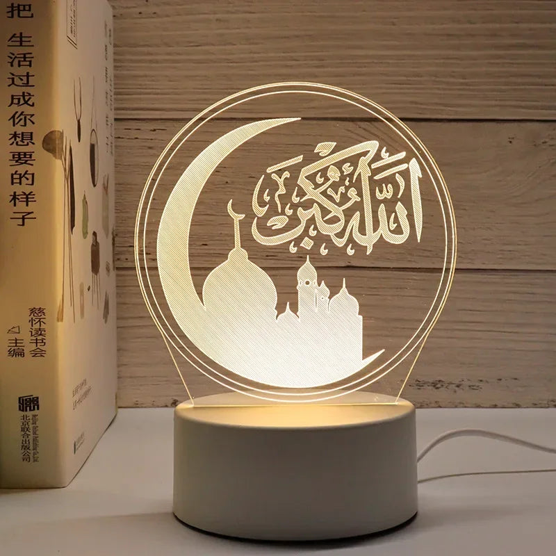 3D Acrylic LED Night Light – Eid Mubarak Ramadan Decor Lamp, USB Powered
