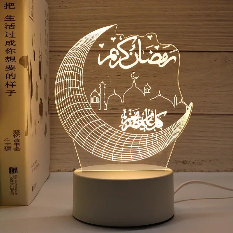 3D Acrylic LED Night Light – Eid Mubarak Ramadan Decor Lamp, USB Powered