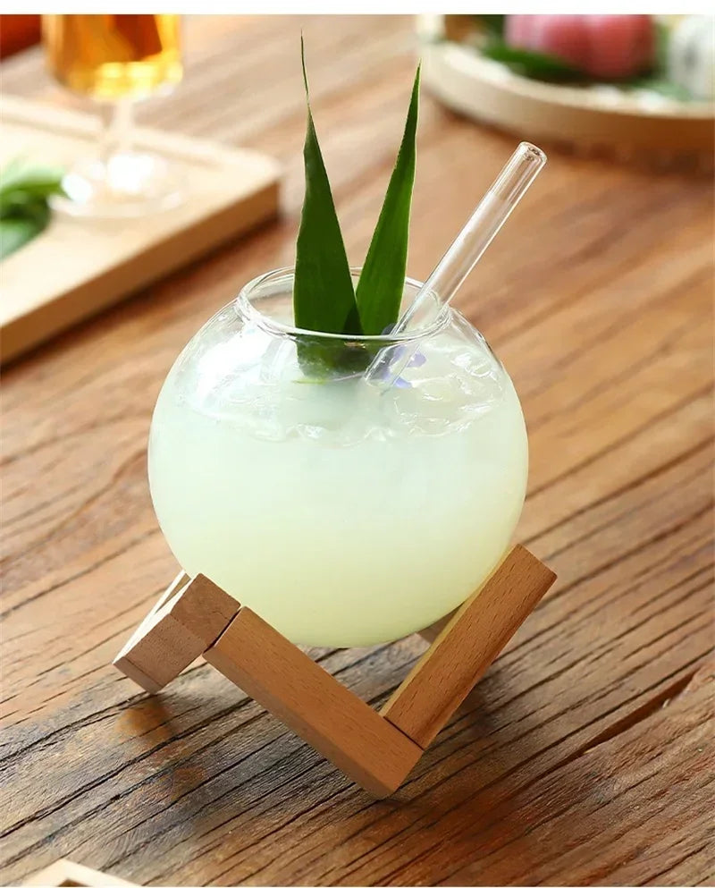 Round Ball Glass Cup with Wood Stand