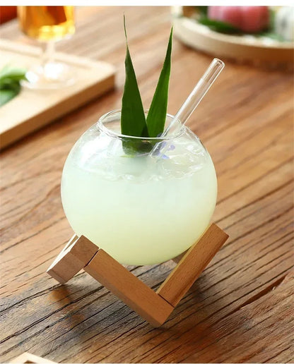 Round Ball Glass Cup with Wood Stand