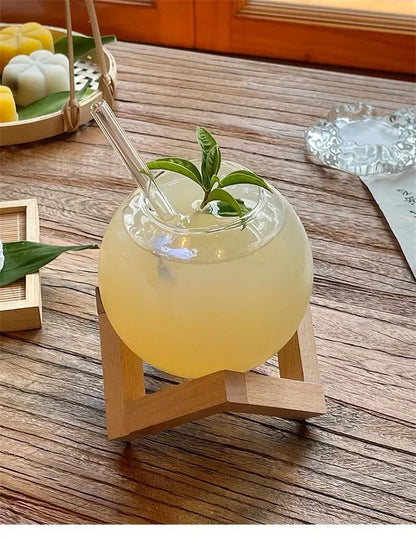 Round Ball Glass Cup with Wood Stand
