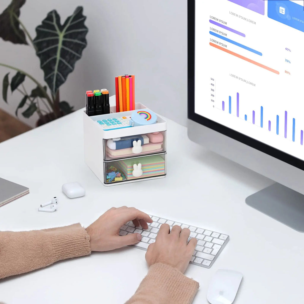 Small Desk Organizer with Drawer – Desktop Storage Box for Pens, Phones, Cards & Stationery