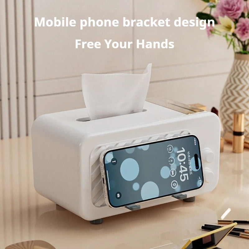 Multifunctional Tissue Box – Phone Holder with Side Storage & Drawer for Home/Office