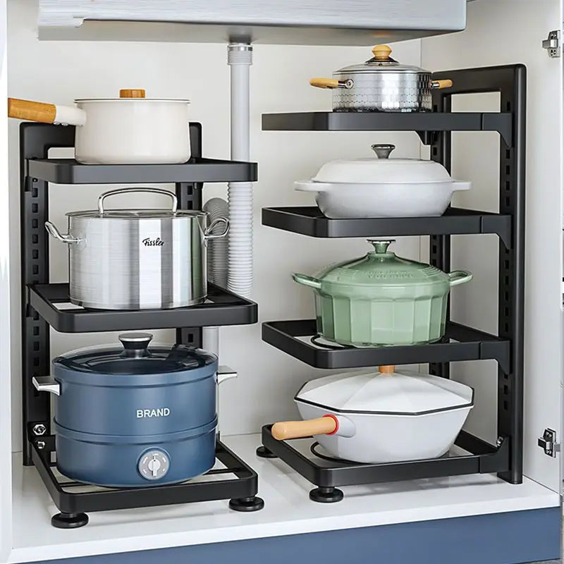 Stainless Steel Kitchen Organizer – Multi-Layer Storage Rack with Shelves, Sink & Cabinets