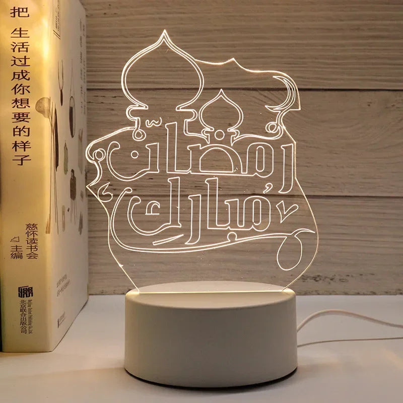 3D Acrylic LED Night Light – Eid Mubarak Ramadan Decor Lamp, USB Powered