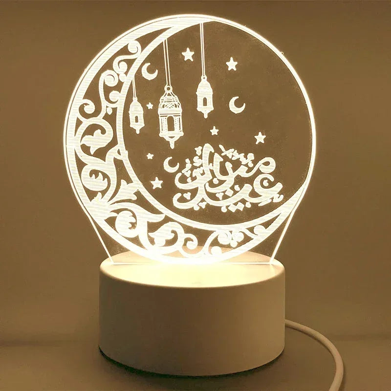 3D Acrylic LED Night Light – Eid Mubarak Ramadan Decor Lamp, USB Powered