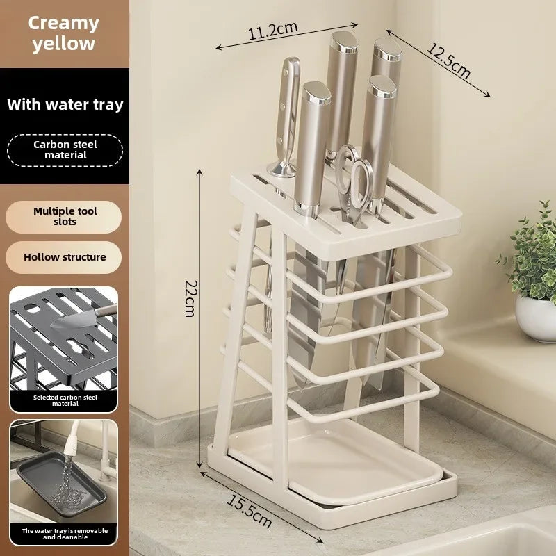 Kitchen Knife Holder – Countertop Storage Rack with Drain Tray & Multi-Function Organizer