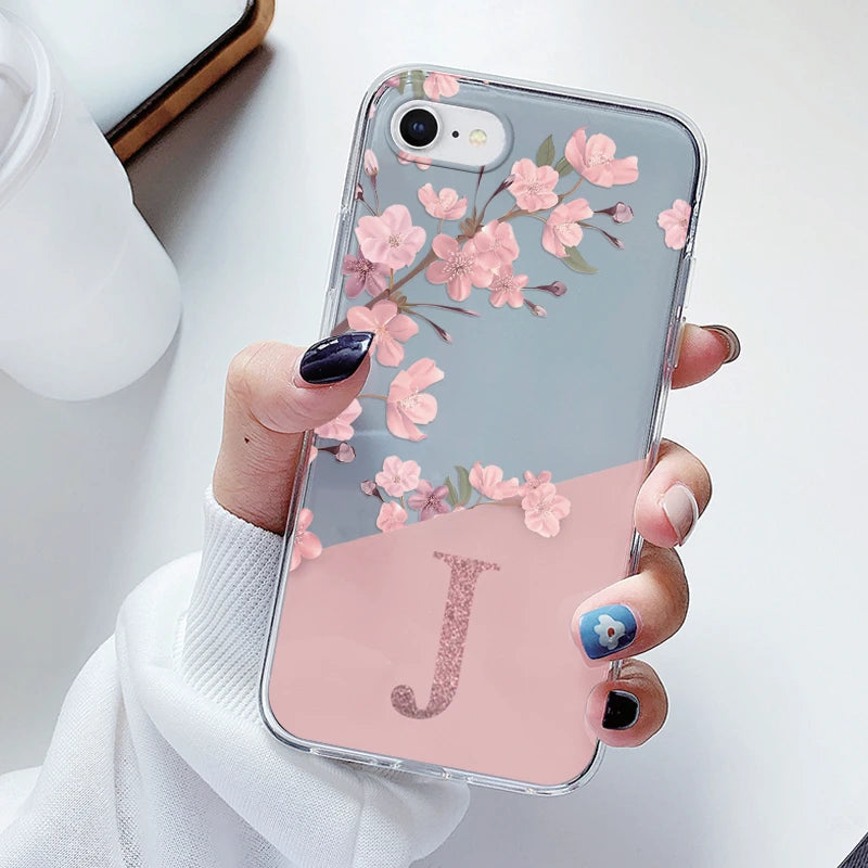 Clear Floral Letter Case – Soft Silicone Transparent Cover for iPhone 7/8/SE