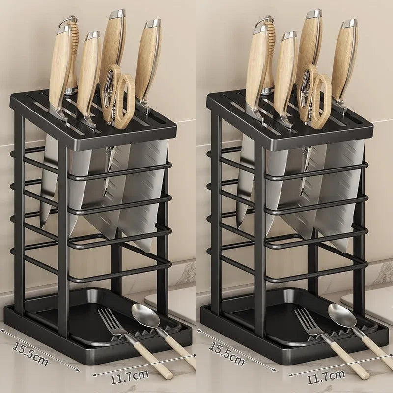 Kitchen Knife Holder – Countertop Storage Rack with Drain Tray & Multi-Function Organizer