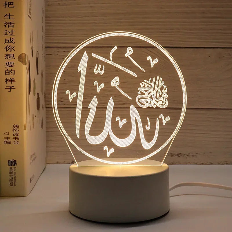 3D Acrylic LED Night Light – Eid Mubarak Ramadan Decor Lamp, USB Powered
