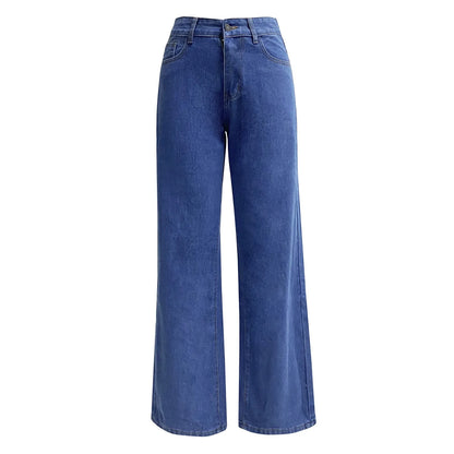 Women Blue Button High Waist Loose Jeans