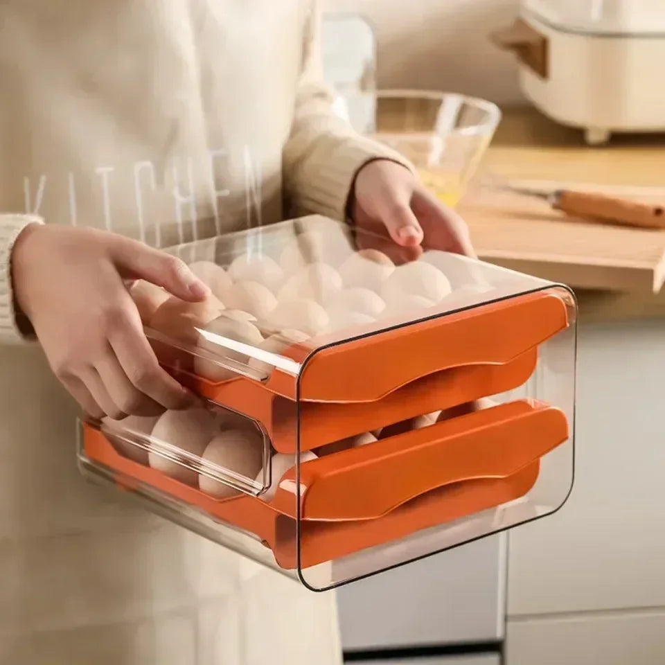 Double-Layer Egg Rack – Automatic Sliding Refrigerator Storage Box