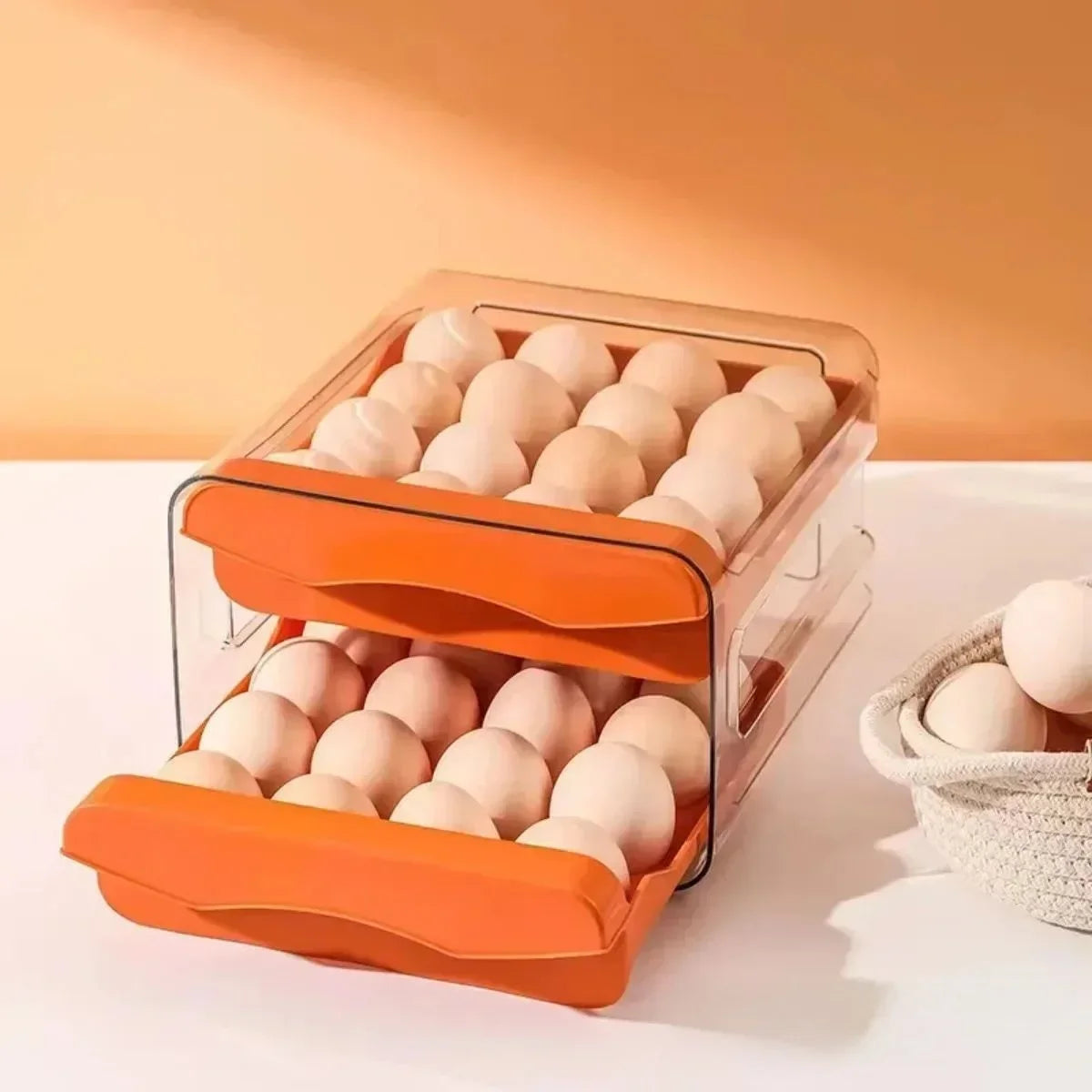 Double-Layer Egg Rack – Automatic Sliding Refrigerator Storage Box