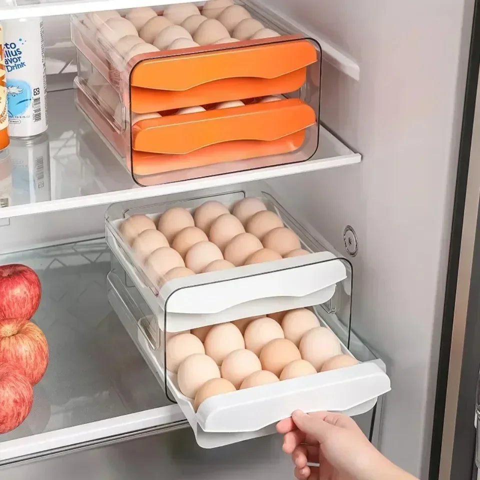 Double-Layer Egg Rack – Automatic Sliding Refrigerator Storage Box