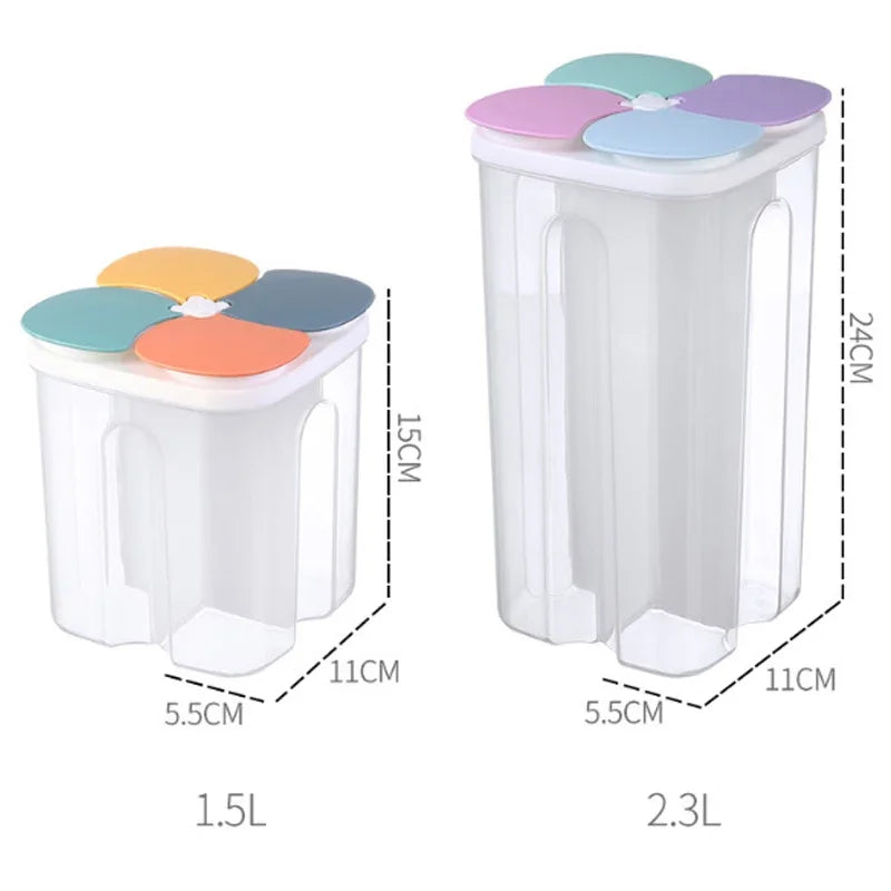 4-Grid Cereal Storage Box – Plastic Sealed Food Container & Grain Tank with Moisture-Proof Lid