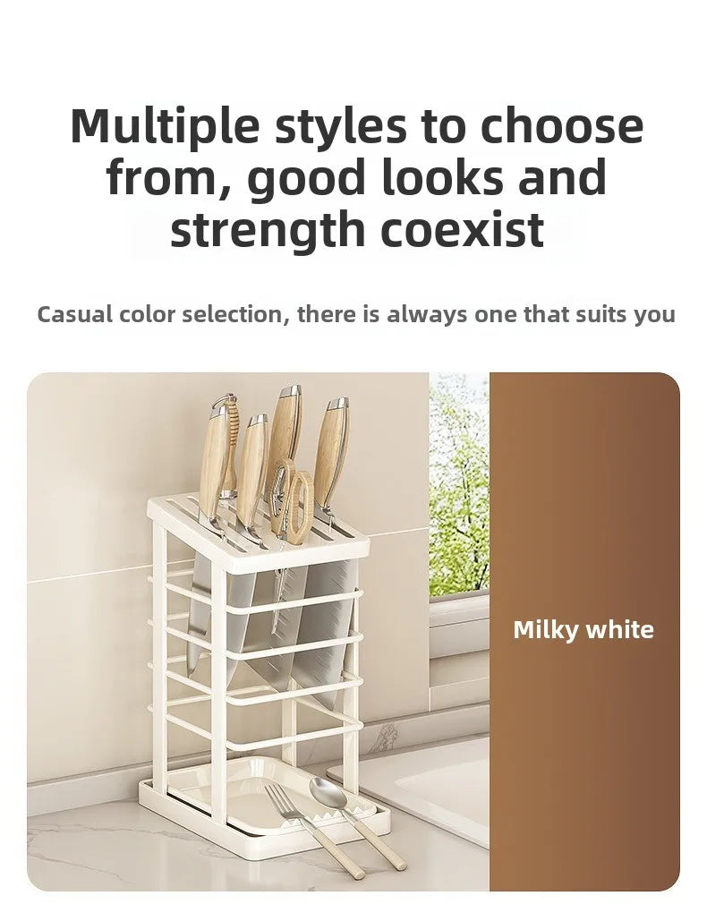 Kitchen Knife Holder – Countertop Storage Rack with Drain Tray & Multi-Function Organizer