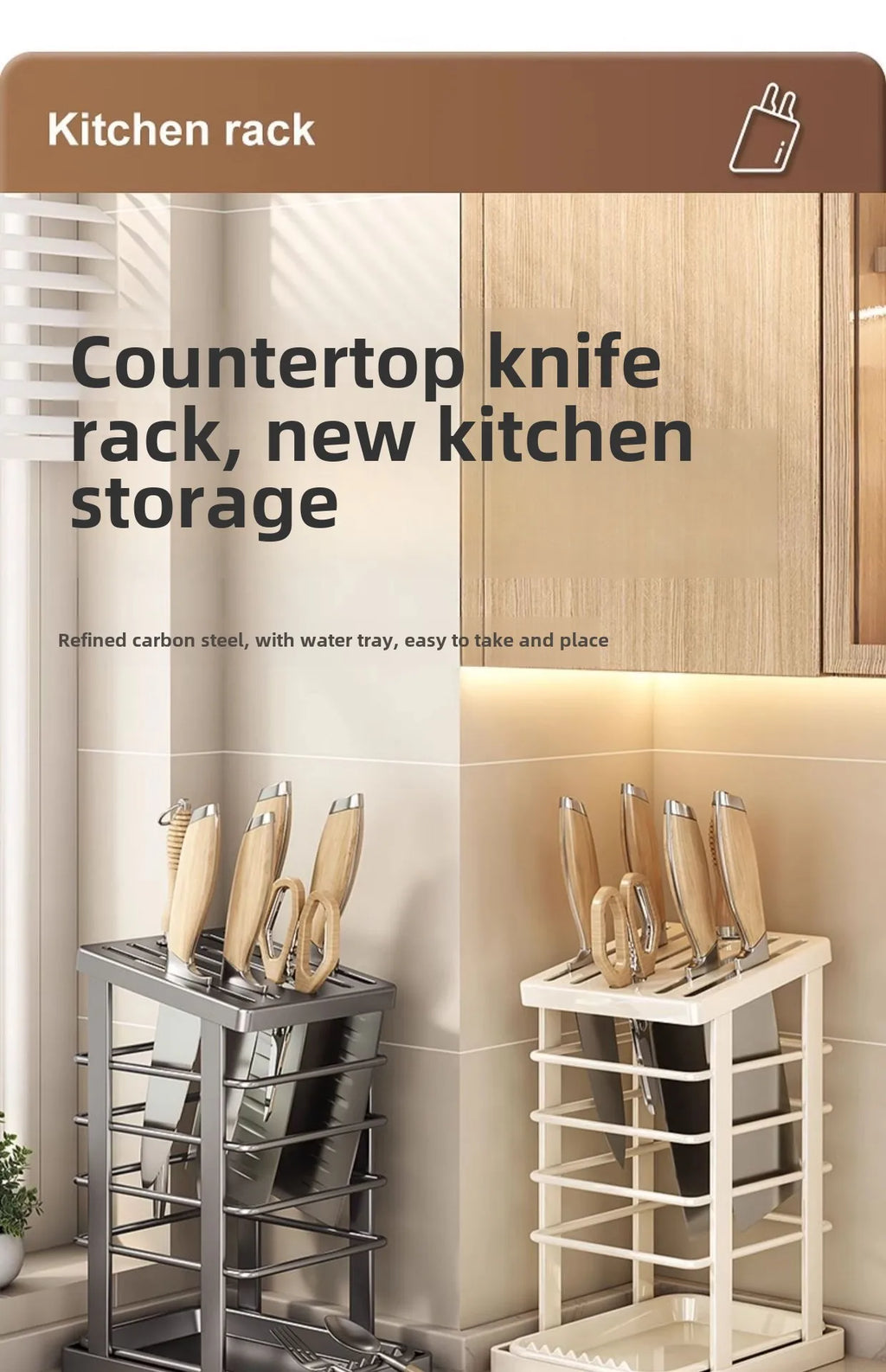 Kitchen Knife Holder – Countertop Storage Rack with Drain Tray & Multi-Function Organizer