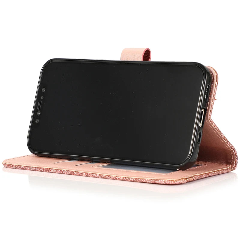 Shiny Wallet Flip Case – Leather Cover for iPhone 7–16 Series