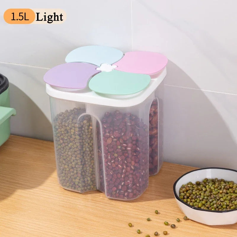 4-Grid Cereal Storage Box – Plastic Sealed Food Container & Grain Tank with Moisture-Proof Lid