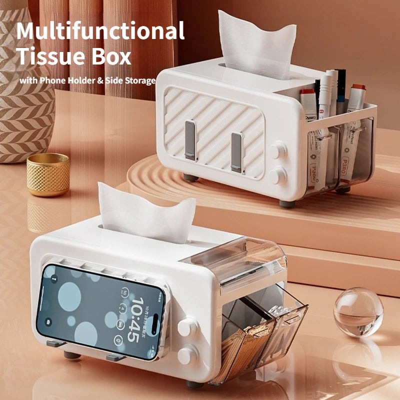 Multifunctional Tissue Box – Phone Holder with Side Storage & Drawer for Home/Office
