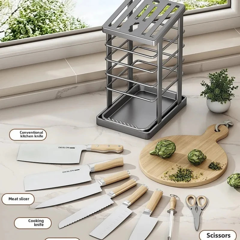 Kitchen Knife Holder – Countertop Storage Rack with Drain Tray & Multi-Function Organizer