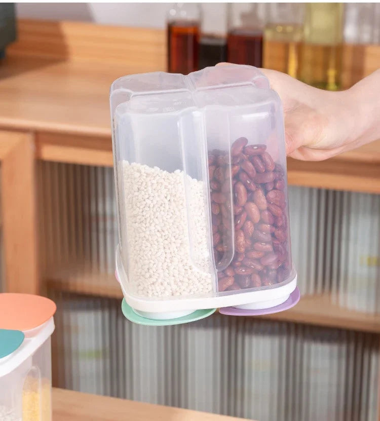 4-Grid Cereal Storage Box – Plastic Sealed Food Container & Grain Tank with Moisture-Proof Lid