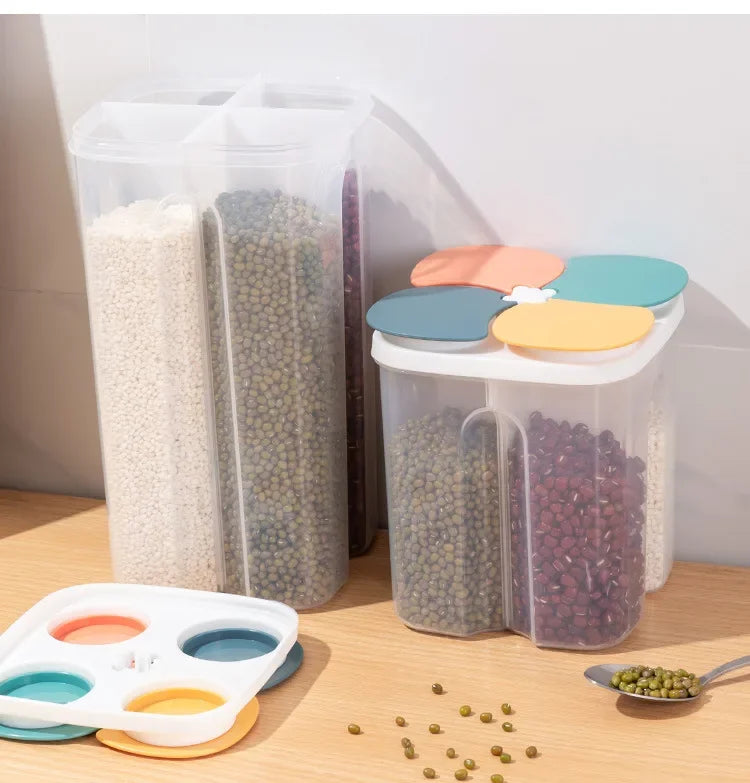 4-Grid Cereal Storage Box – Plastic Sealed Food Container & Grain Tank with Moisture-Proof Lid