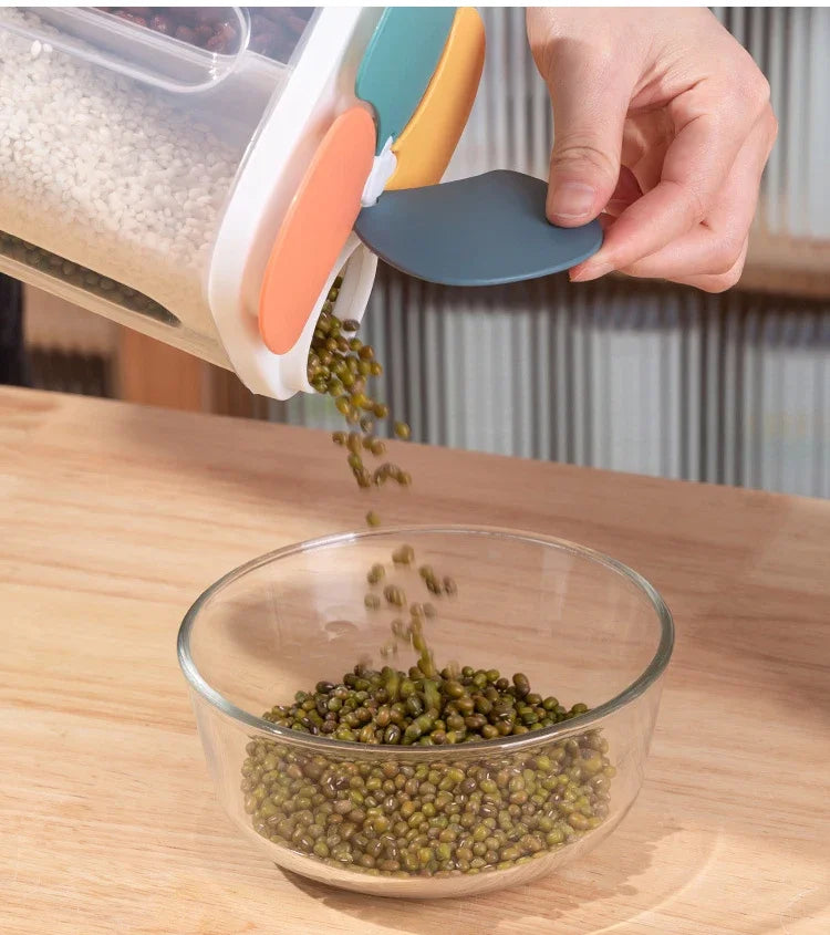4-Grid Cereal Storage Box – Plastic Sealed Food Container & Grain Tank with Moisture-Proof Lid