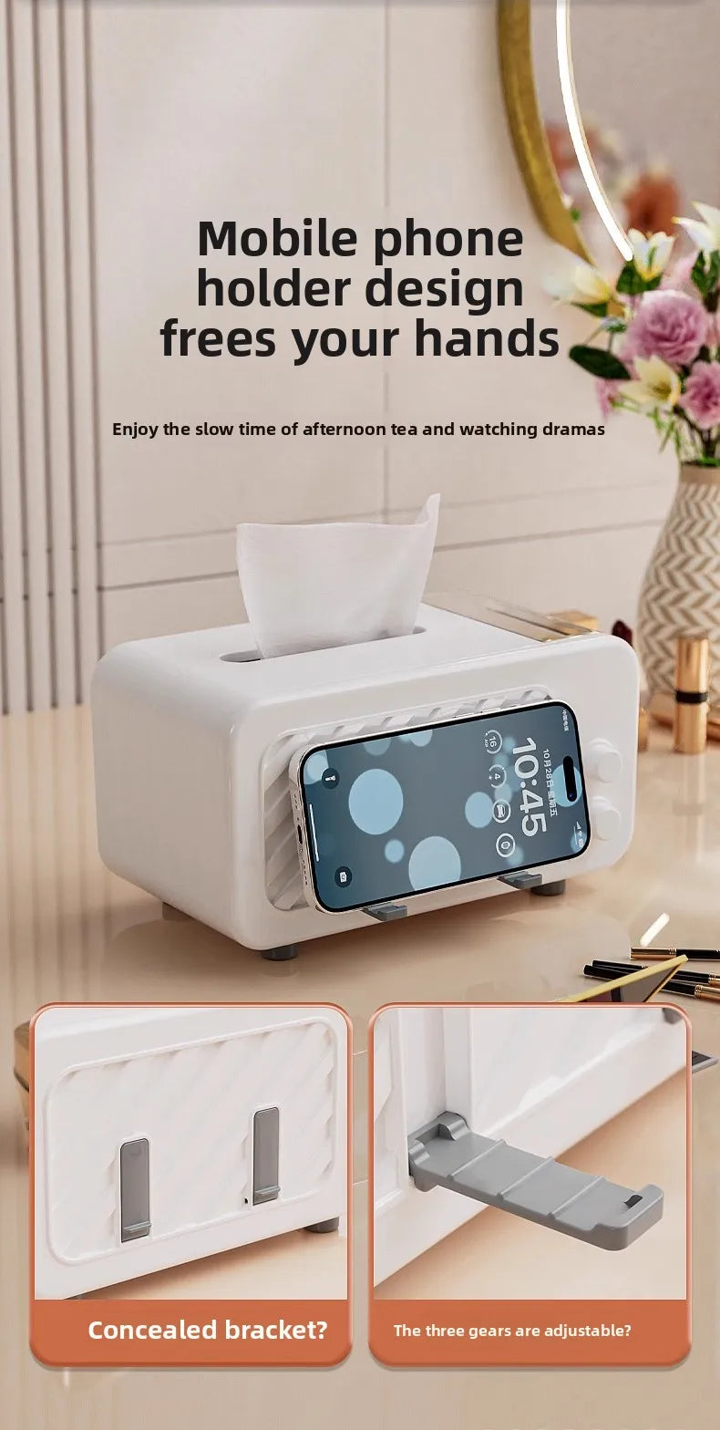 Multifunctional Tissue Box – Phone Holder with Side Storage & Drawer for Home/Office